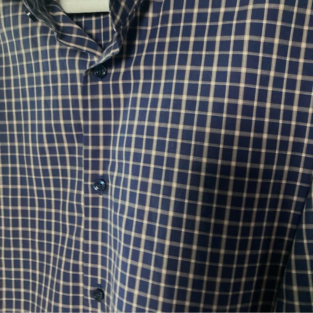 Hugo Boss button down shirt men's regular checkered plaid navy blue size 16.5